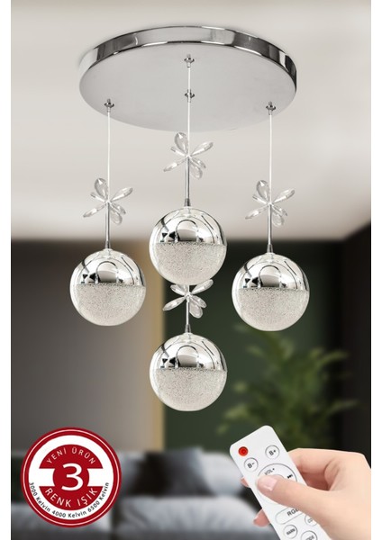 4 Toplu Krom Lüks 3 Renk Ledli Kumandalı Avize