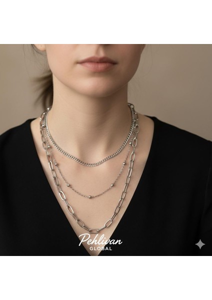 3'lü Karışık Zincirli Çelik Kolye