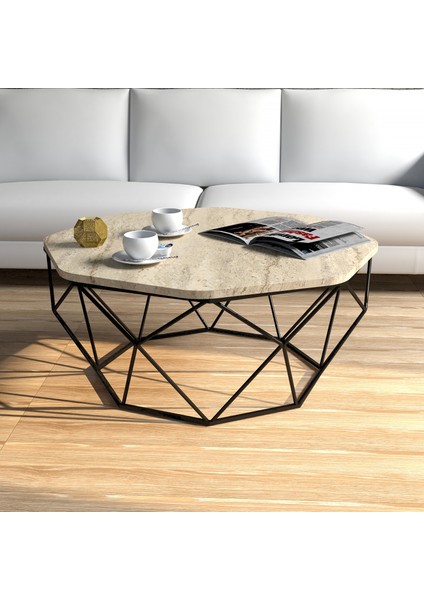 Diamond Metal Ayaklı Orta Sehpa - Traverten Mermer