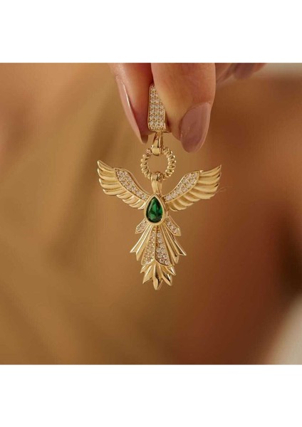 14 Ayar Altın Yeşil Taşlı Altın Anka Kuşu Kolye Ucu