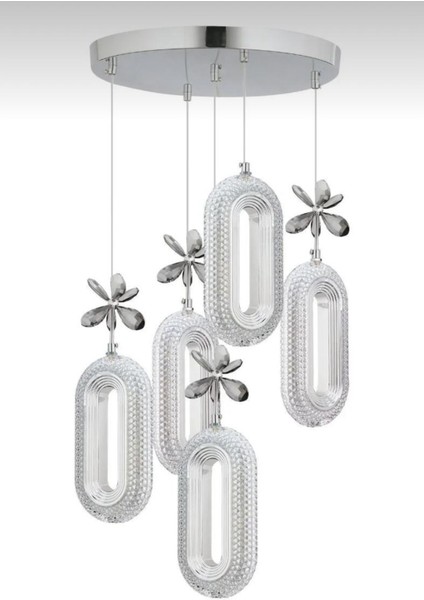 5'li Krom Kaplama Sarkıt Kumandalı LED Salon Avize 3 Renk Ledli modelleri