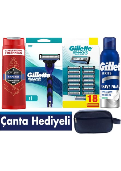Mach3 Sport Makine+18 Yedek Bıçağı + 200ML Köpük +Oldspice 400ML Şampuan +Çanta