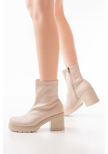 ZRİN-3012 Premium Streç Bej Fermuarlı Topuklu Günlük Kadın Bot fırsatları