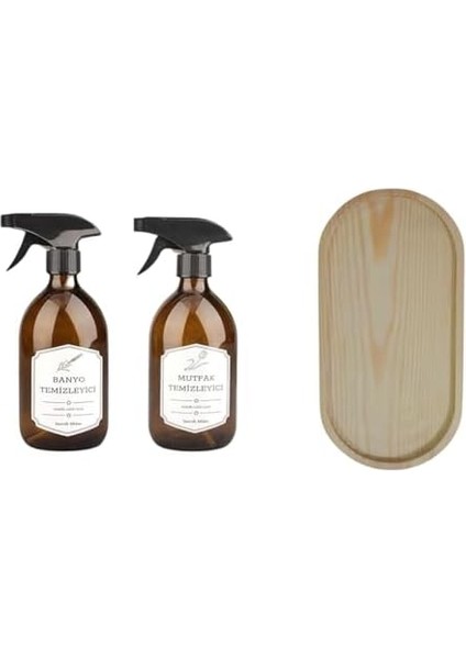 Arslan Group - Ahşap Standlı 2&apos;li Amber Cam Mutfak Temizyeci ve Banyo Temizleyici Deterjan Şişesi - 500ML