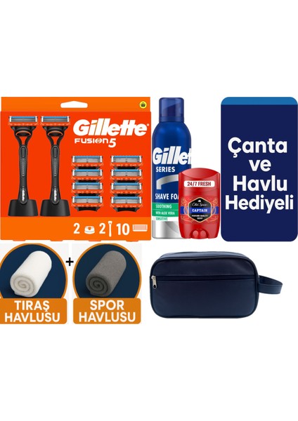 Fusion 2 Makine+10 Yedek Tıraş Bıçağı+2 STAND+200 ml Köpük +Old Spice Deo+Çanta +Havlu Hediye