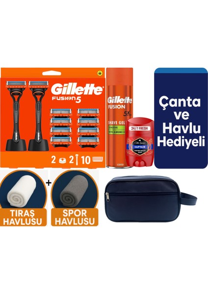 Fusion 2 Makine+10 Yedek Tıraş Bıçağı+2 STAND+200 ml Jel +Old Spice Deo+Çanta +Havlu Hediye