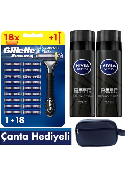 Sensor3 Tıraş Makinesi + 18 Yedek Tıraş Bıçağı+ 400 ml Jel +Çanta
