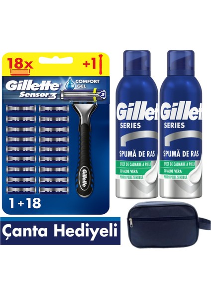 Sensor3 Tıraş Makinesi + 18 Yedek Tıraş Bıçağı+ 600 ml Köpük +Çanta