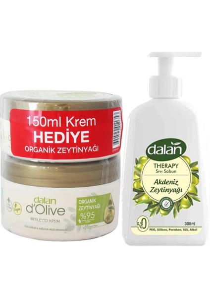 D'olive Besleyici Organik Zeytinyağlı Kremi 250 ml + 150 ml Hediye + Dalan Akdeniz Zeytinyağlı Sıvı Sabun 300 ml