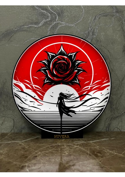 Kırmızı Gül ve Figür Siluet Tasarım Gece Lambası – Sanatsal Dekor & Hediyelik