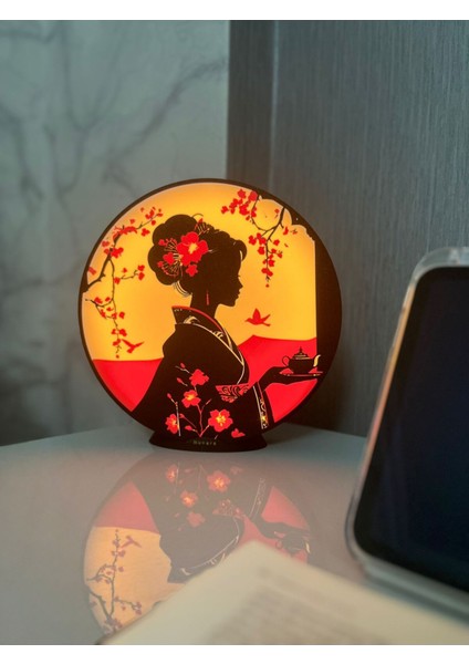 Japon Geyşa Silüeti Masa Lambası – Ev Dekorasyonu Için Kiraz Çiçeği Gece Lambası