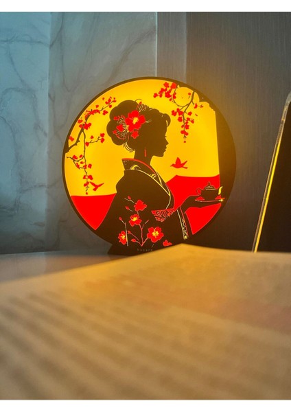 Japon Geyşa Silüeti Masa Lambası – Ev Dekorasyonu Için Kiraz Çiçeği Gece Lambası