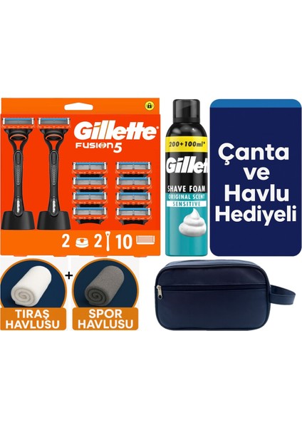 Fusion 2 Makine+10 Yedek Tıraş Bıçağı+2 STAND+300 ml Köpük +Çanta +Havlu Hediye