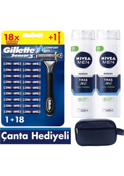 Sensor3 Tıraş Makinesi + 18 Yedek Tıraş Bıçağı+ 400 ml Jel +Çanta