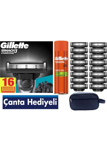 Mach3 Charcoal 16 Adet Tıraş Bıçağı + 200 ml Fusion Jel + Çanta