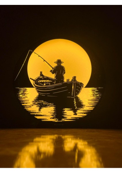 Göl Esintili Rustik Balıkçı Silüeti Gece Lambası, Şık ve Sıcak Atmosfer Yaratır