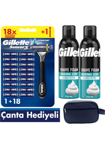Sensor3 Tıraş Makinesi + 18 Yedek Tıraş Bıçağı+ 400 ml Köpük +Çanta