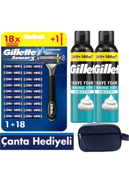 Sensor3 Tıraş Makinesi + 18 Yedek Tıraş Bıçağı+ 600 ml Köpük +Çanta