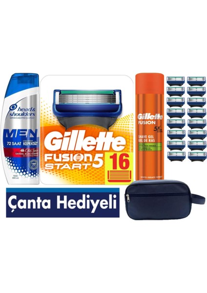Fusion Start 16 Yedek Tıraş Bıçağı - Gillette Fusion 200 ml Jel +300 ml Şampuan+ Çanta