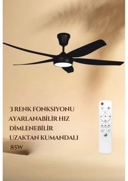 HS-9307 Alfa 85W 3 Kademeli Ledli Uzaktan Kumandalı Dekoratif 5 Pervaneli Tavan Vantilatörü Siyah modelleri