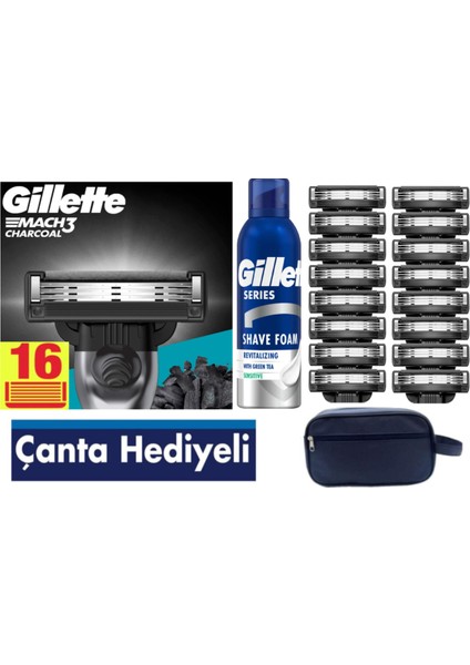 Mach3 Charcoal 16 Adet Yedek Tıraş Bıçağı + Gillette 200 ml Köpük + Çanta