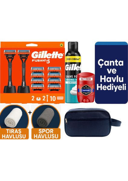 Fusion 2 Makine+10 Yedek Tıraş Bıçağı+2 STAND+300 ml Köpük +Old Spice Deo+Çanta +Havlu Hediye
