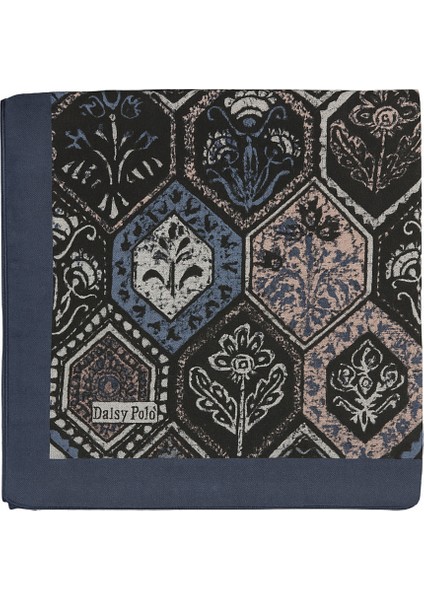 Kadın Geometrik Mozaik Desenli Eşarp – Lacivert Bordürlü Şık Tasarım