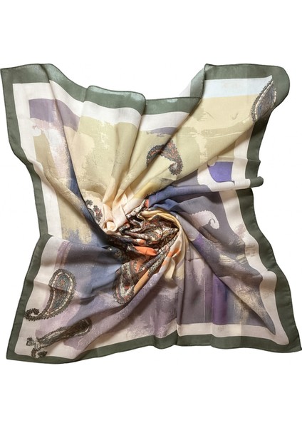 Etnik Desenli Saten Kadın Eşarp - Gri Mor Tonları