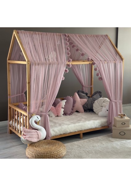 Pastel Pembe Çift Perdeli Montessori Yatak Cibinliği
