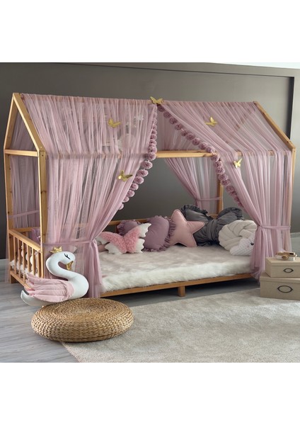 Pastel Pembe Çift Perdeli Montessori Yatak Cibinliği