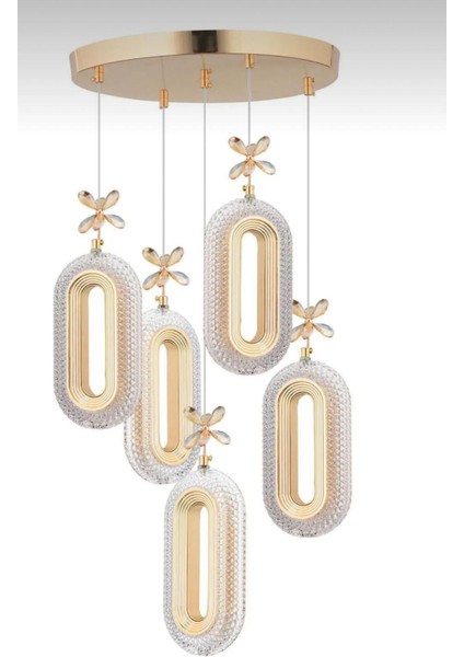 5'li Gold Kaplama Sarkıt Kumadalı LED Salon Avize 3 Renk Ledli