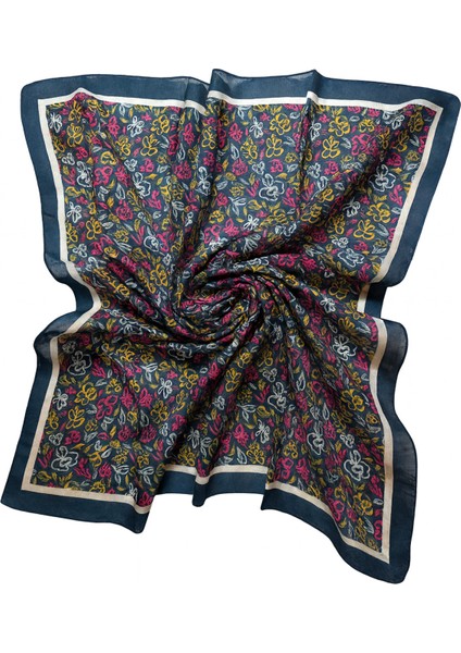 Kadın Lacivert Soft Saten Renkli Çiçek Desenli Kare Eşarp