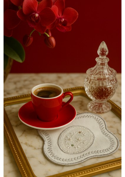 Inci ve Boncuk Işlemeli Oval Kahve Sunum Peçetesi – El Yapımı Lüks Tasarım fiyatları