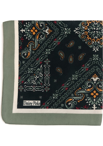Kadın Koyu Zemin Etnik Paisley Desenli Eşarp – Yeşil Krem Bordürlü Şık Tasarım