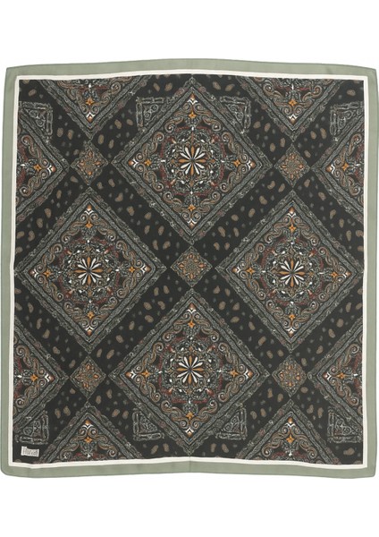 Kadın Koyu Zemin Etnik Paisley Desenli Eşarp – Yeşil Krem Bordürlü Şık Tasarım modelleri