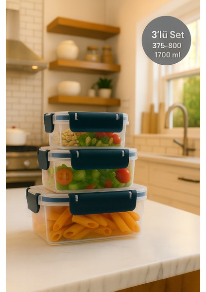 3'lü Dikdörtgen Sızdırmaz Contalı Kilitli Saklama Kabı Seti 375-800-1700 ml