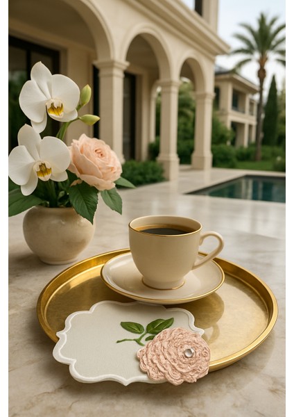 Pudra Gül Nakışlı Özel Tasarım Kahve Sunumluğu – El Işçiliği
