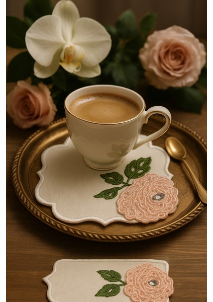 Pudra Gül Nakışlı Özel Tasarım Kahve Sunumluğu – El Işçiliği fiyatları