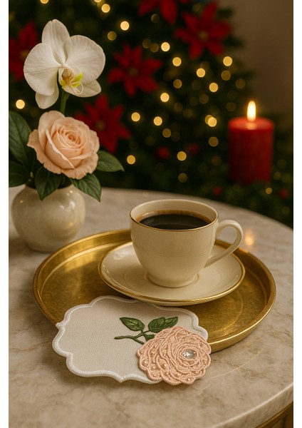 Pudra Gül Nakışlı Özel Tasarım Kahve Sunumluğu – El Işçiliği fırsatları