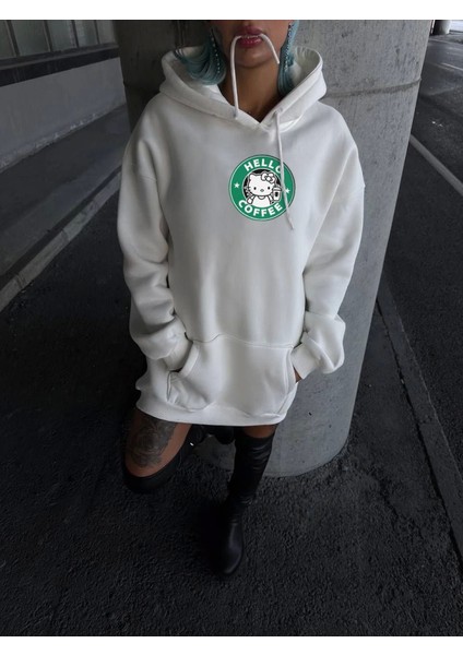 Üç Iplik Penye Uzun Kol Kapşonlu Sweatshirt - Beyaz modelleri