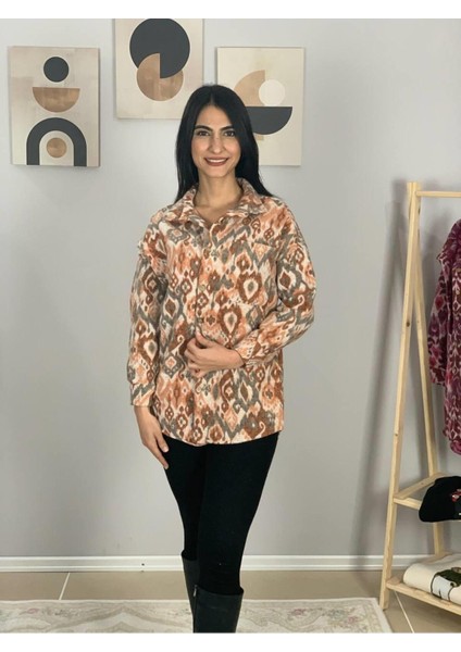 Kadın Tek Cepli Desenli Kalın Oduncu Ceket Gömlek (Turuncu) Stand indirimleri