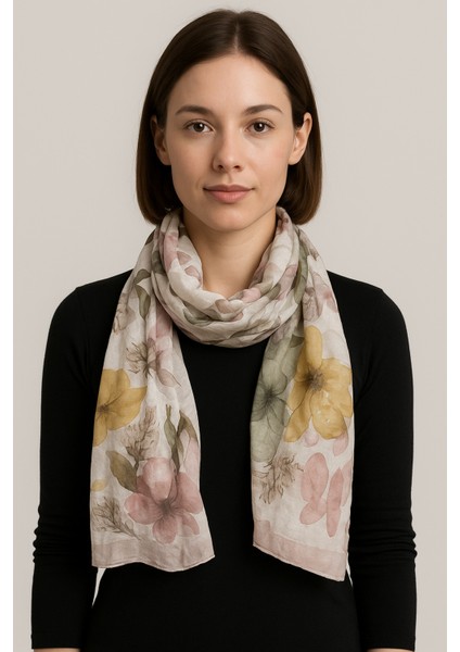 Bej Zeminli Büyük Çiçek Desenli Şal