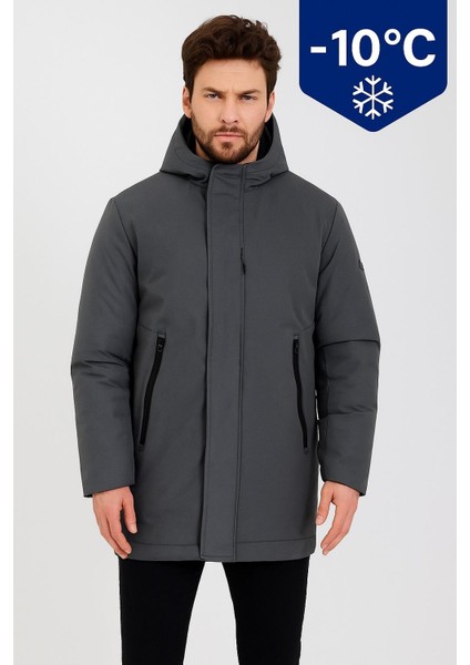 Erkek Su ve Rüzgar Geçirmez Kapüşonlu Mikro Elyaf Astarlı Kışlık Klasik Mont RN71313