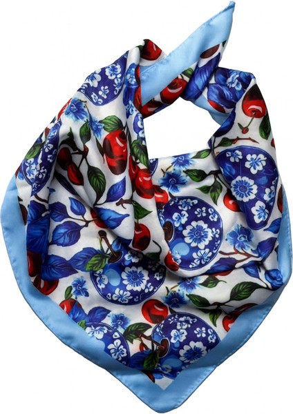 Mavi Kenarlı Kiraz ve Çiçek Desenli Kare Fular