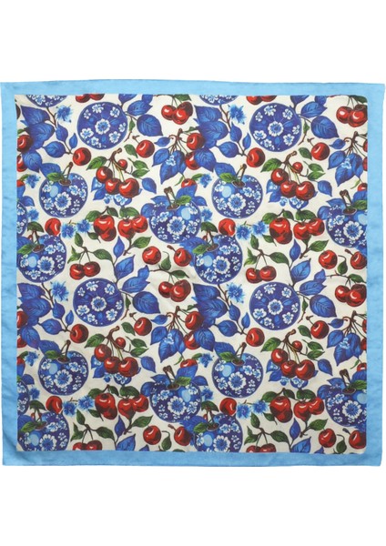 Mavi Kenarlı Kiraz ve Çiçek Desenli Kare Fular fiyatları
