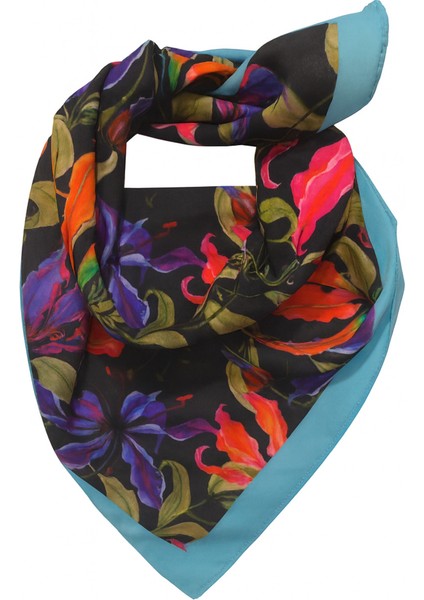 Siyah Zemin Renkli Çiçek Desenli Kadın Fular