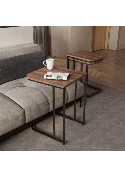 Metal Ayaklı Tekerlekli C Zigon Sehpa - Barok Ceviz - 62X48X41 cm
