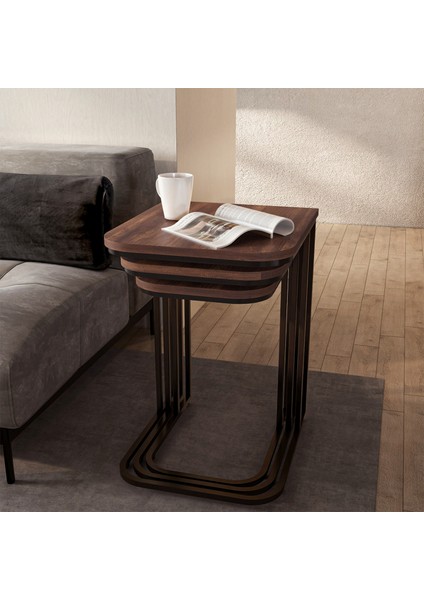 Metal Ayaklı Tekerlekli C Zigon Sehpa - Barok Ceviz - 62X48X41 cm fiyatları