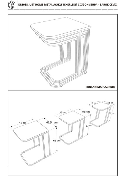 Metal Ayaklı Tekerlekli C Zigon Sehpa - Barok Ceviz - 62X48X41 cm