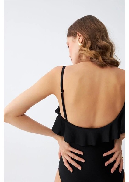 Kadın Tek Omuz Fırfırlı Mayo Siyah indirimleri